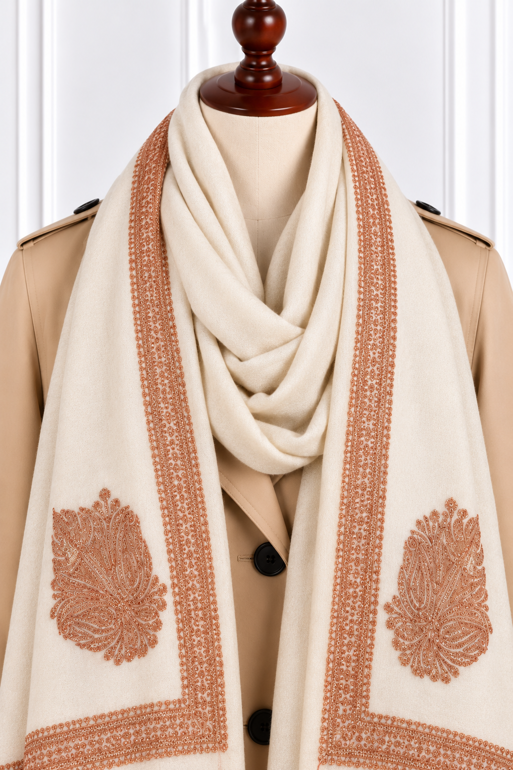 White Kashmiri Shawl with Copper Tilla Work