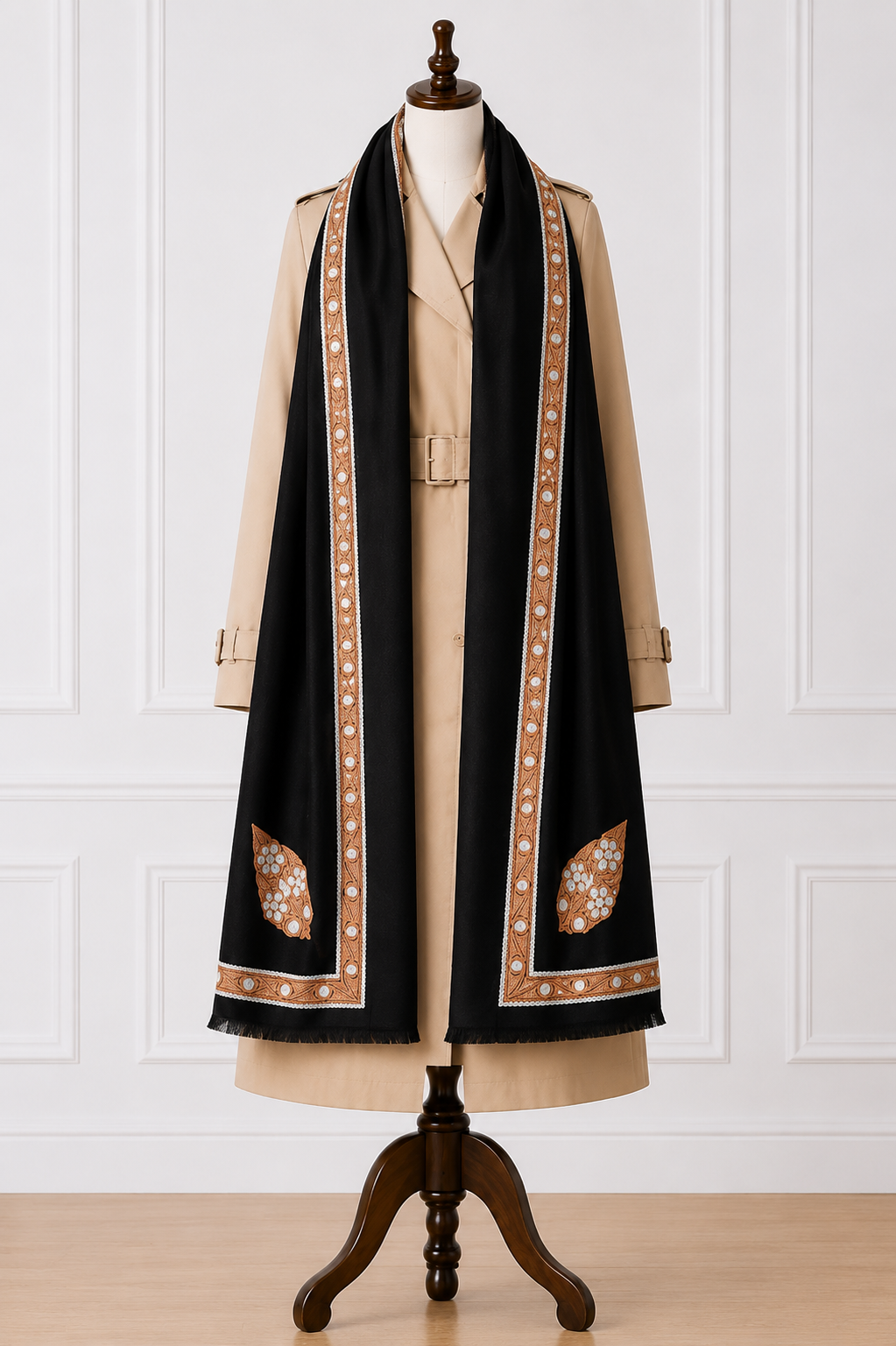 Black Kashmiri Tilla Work Shawl - Copper Gold & Silver Embroidery