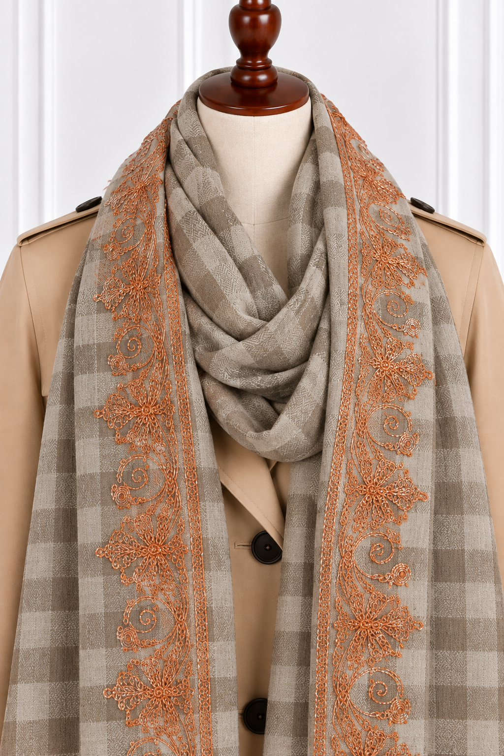 Beige Checkered Kashmiri Shawl with Copper Tilla Work