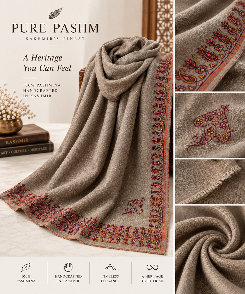 Natural Pashmina Shawl with Hand Sozni Work