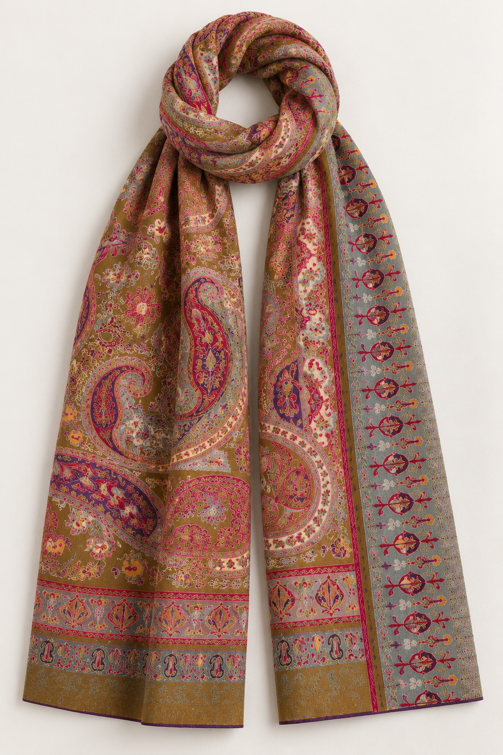 Multicolor Kalamkari Kashmiri Shawl with Full Hand Sozni Embroidery