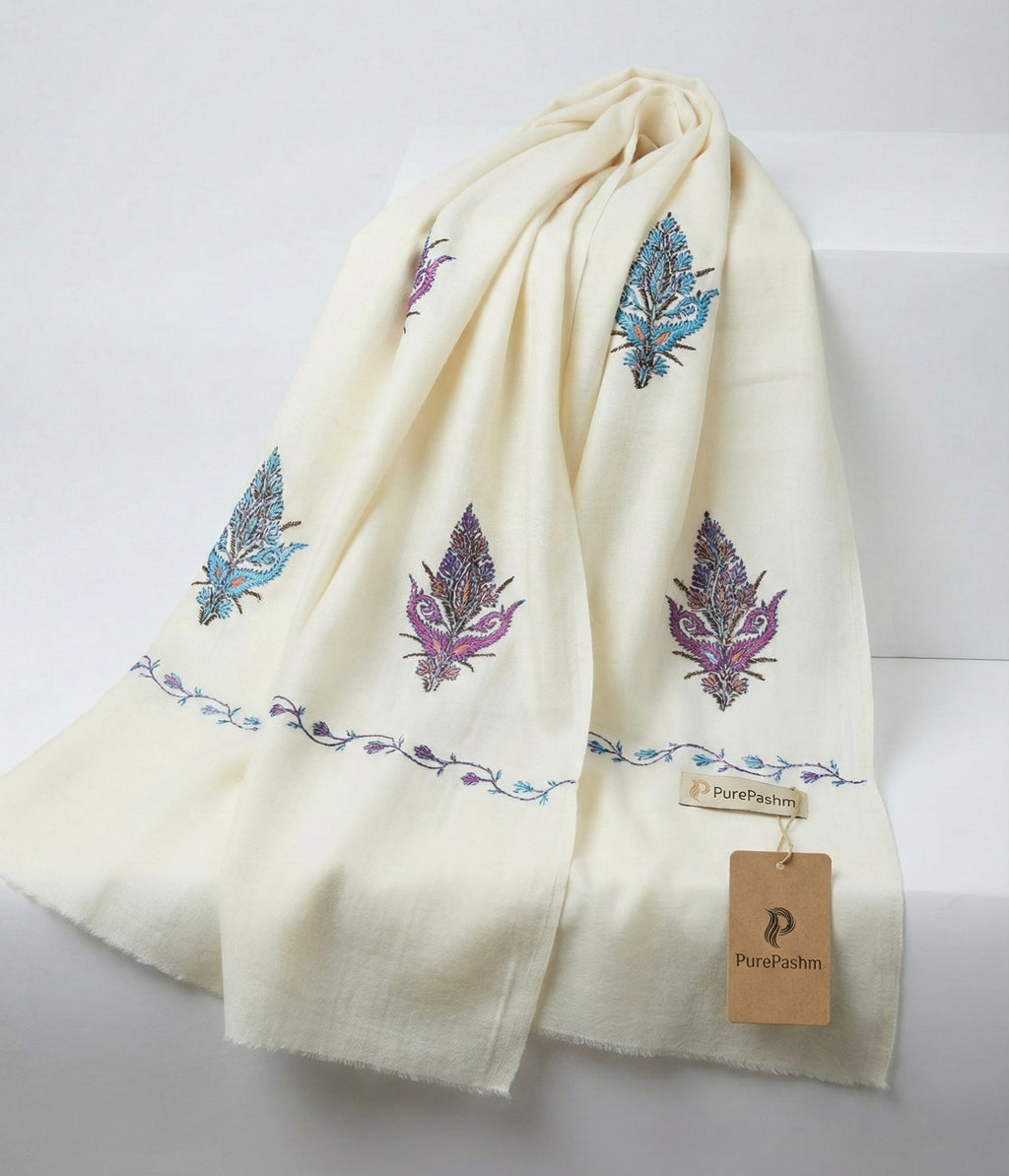 Semi Pashmina Stole & Muffler with Double-Sided Hand Sozni Embroidery