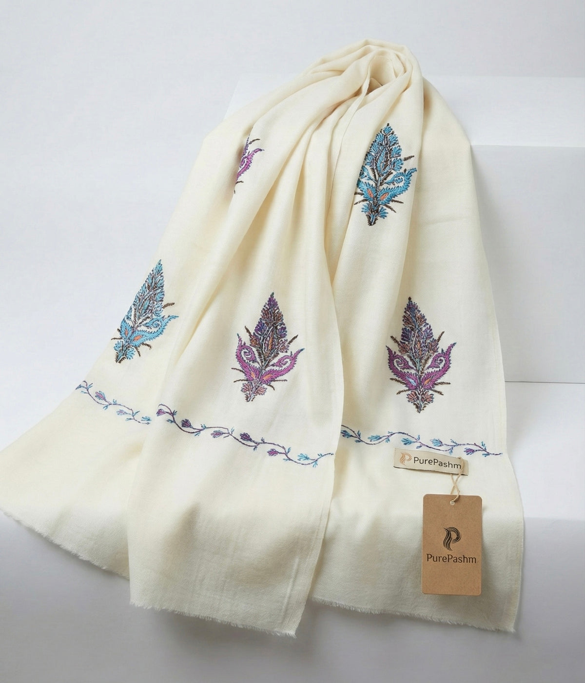 Semi Pashmina Stole & Muffler with Double-Sided Hand Sozni Embroidery