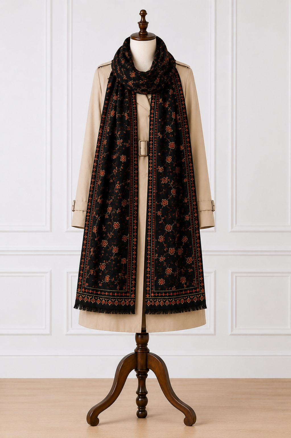 Black Kashmiri Jama Shawl | Handcrafted Sozni Embroidery