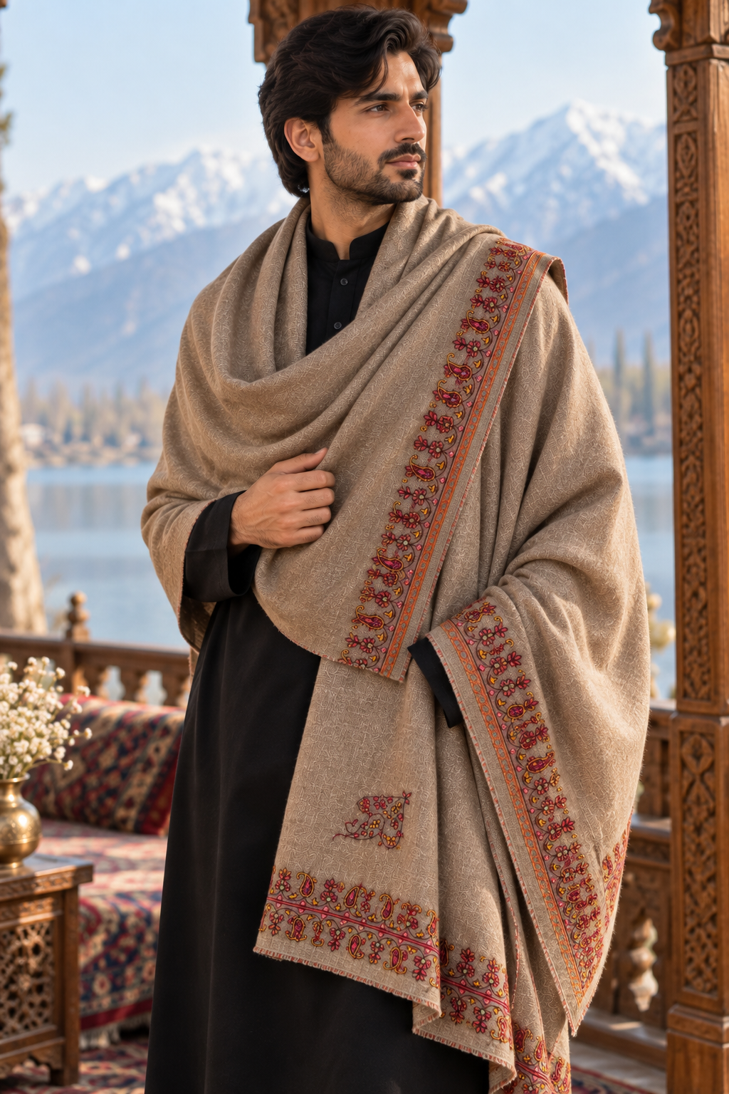 Natural Pashmina Shawl with Hand Sozni Work