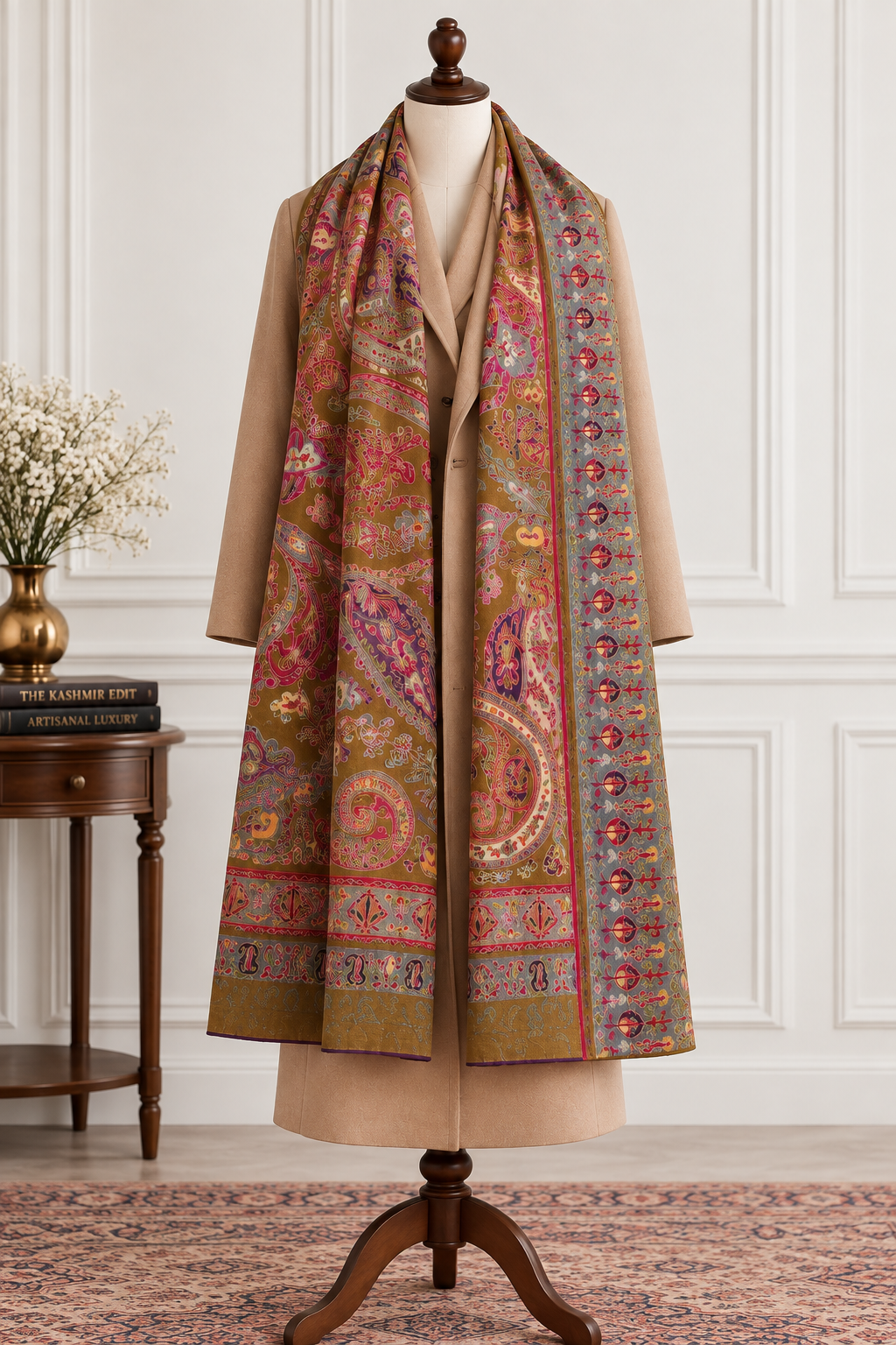 Multicolor Kalamkari Kashmiri Shawl with Full Hand Sozni Embroidery