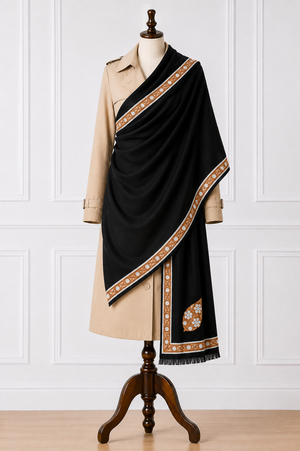 Black Kashmiri Tilla Work Shawl - Copper Gold & Silver Embroidery