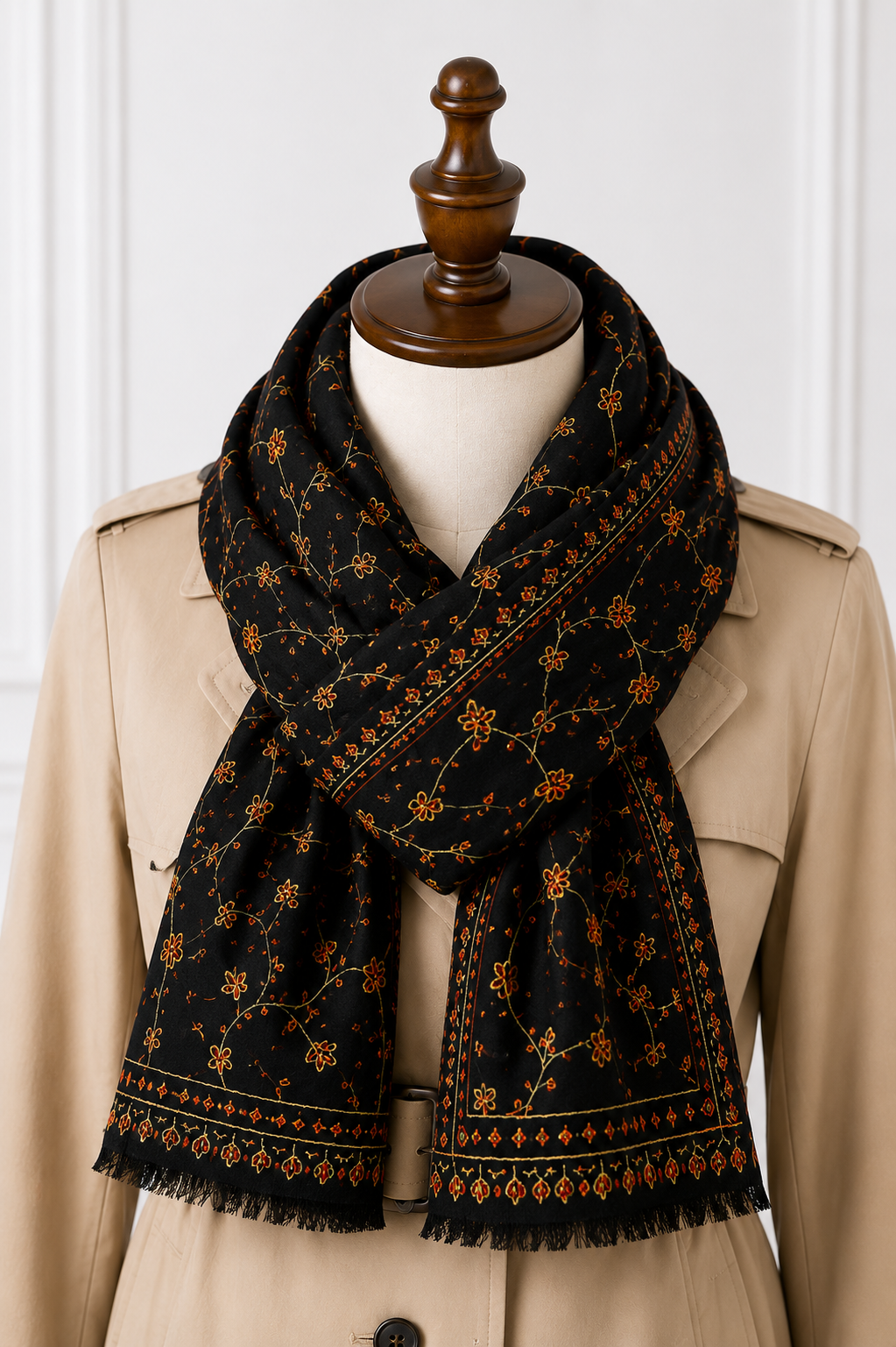 Black Kashmiri Jama Shawl | Handcrafted Sozni Embroidery