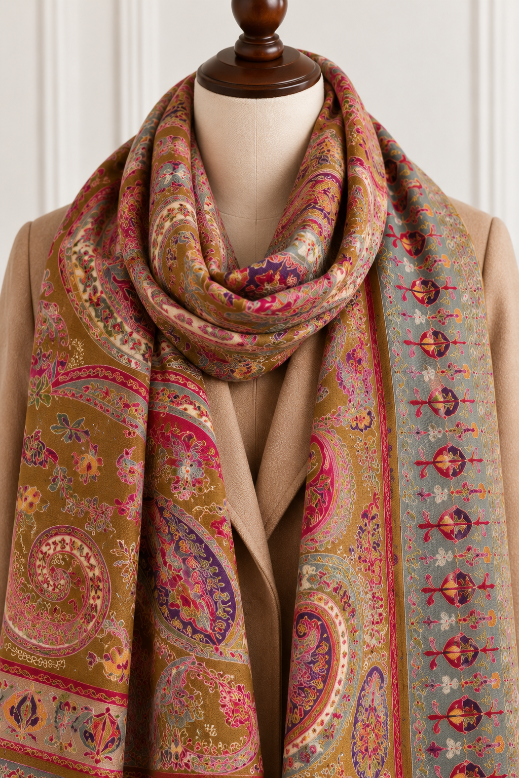 Multicolor Kalamkari Kashmiri Shawl with Full Hand Sozni Embroidery