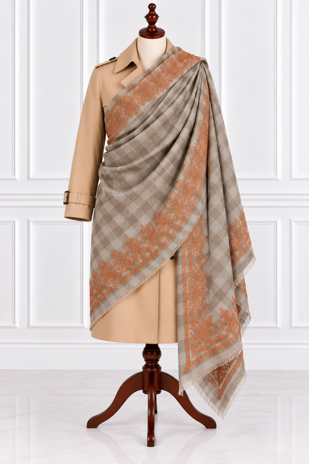 Beige Checkered Kashmiri Shawl with Copper Tilla Work