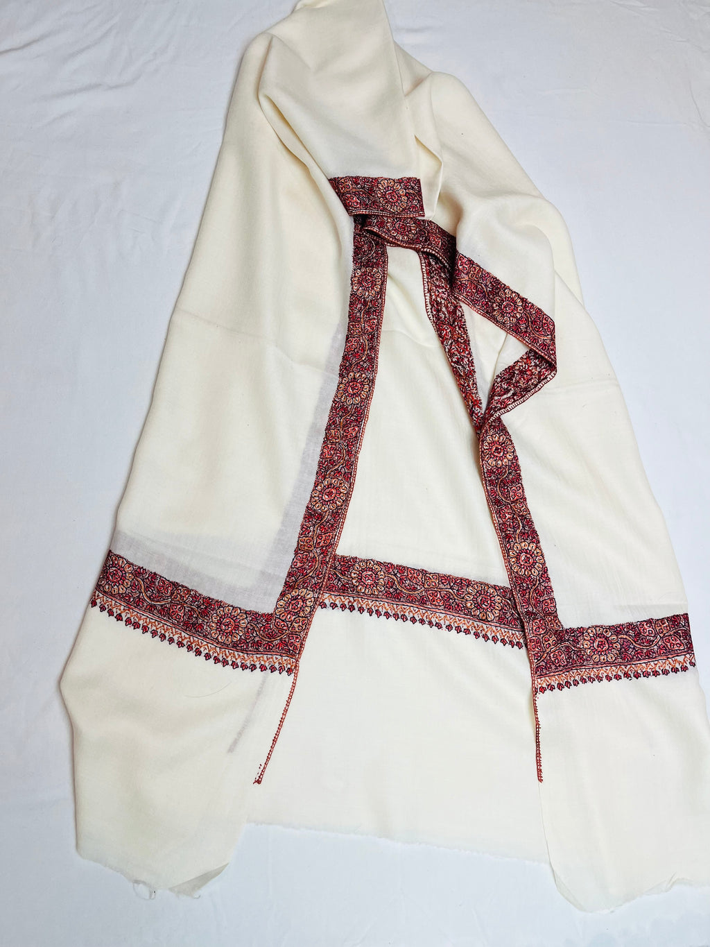 White Semi Pashmina Shawl with Hand Sozni Embroidery