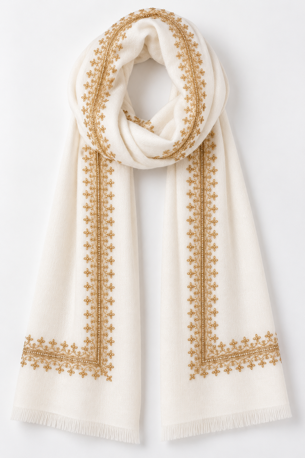 White Tosha Kashmiri Shawl with Golden Tilla Work
