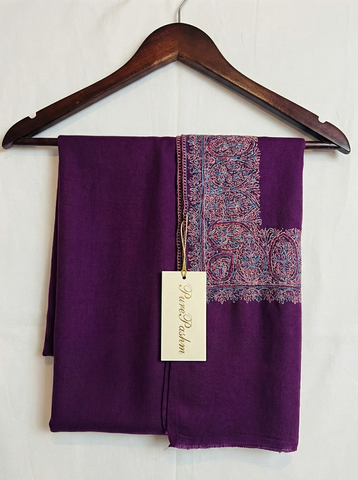 Purple Semi Pashmina Shawl with Hand Sozni Embroidery