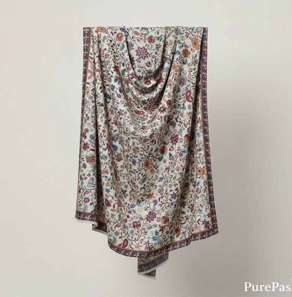 Semi-Pashmina Kalamkari Shawl with Hand Sozni Embroidery