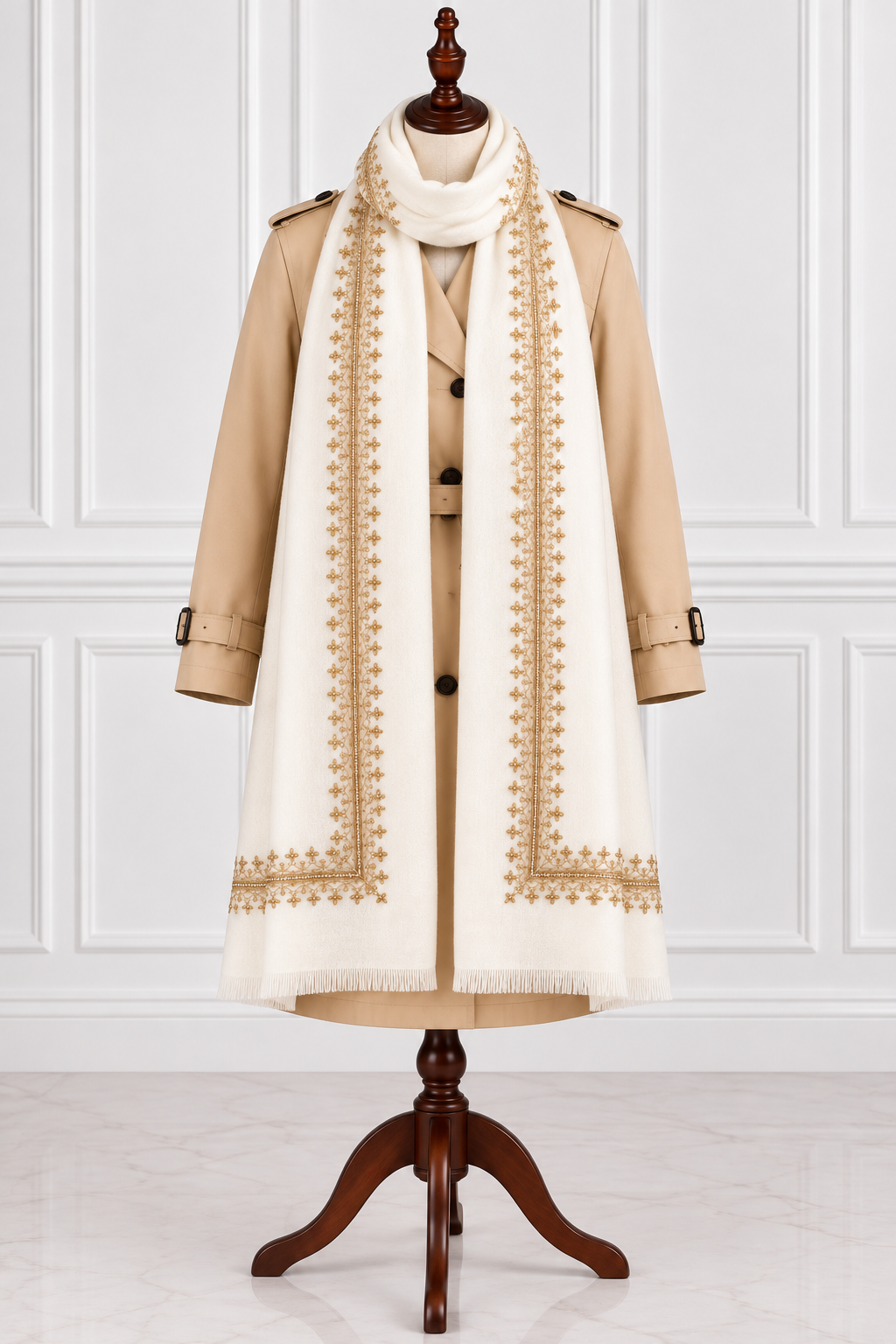 White Tosha Kashmiri Shawl with Golden Tilla Work