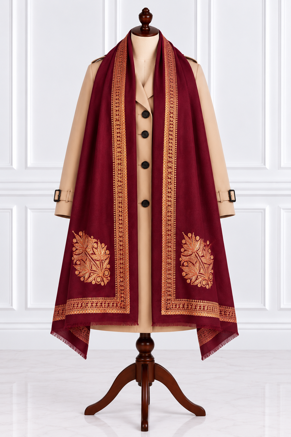 Maroon Kashmiri Shawl with Golden Tilla Work