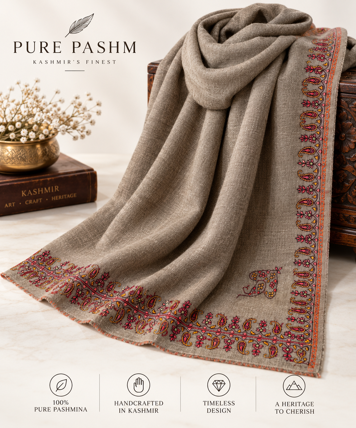 Natural Pashmina Shawl with Hand Sozni Work