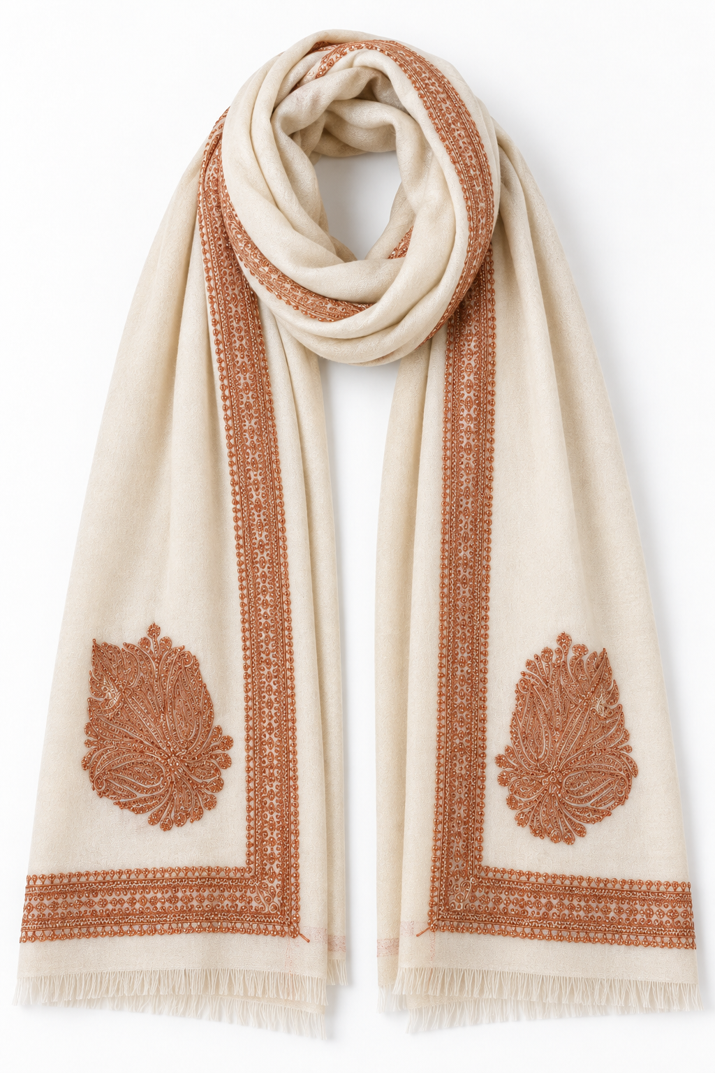 White Kashmiri Shawl with Copper Tilla Work