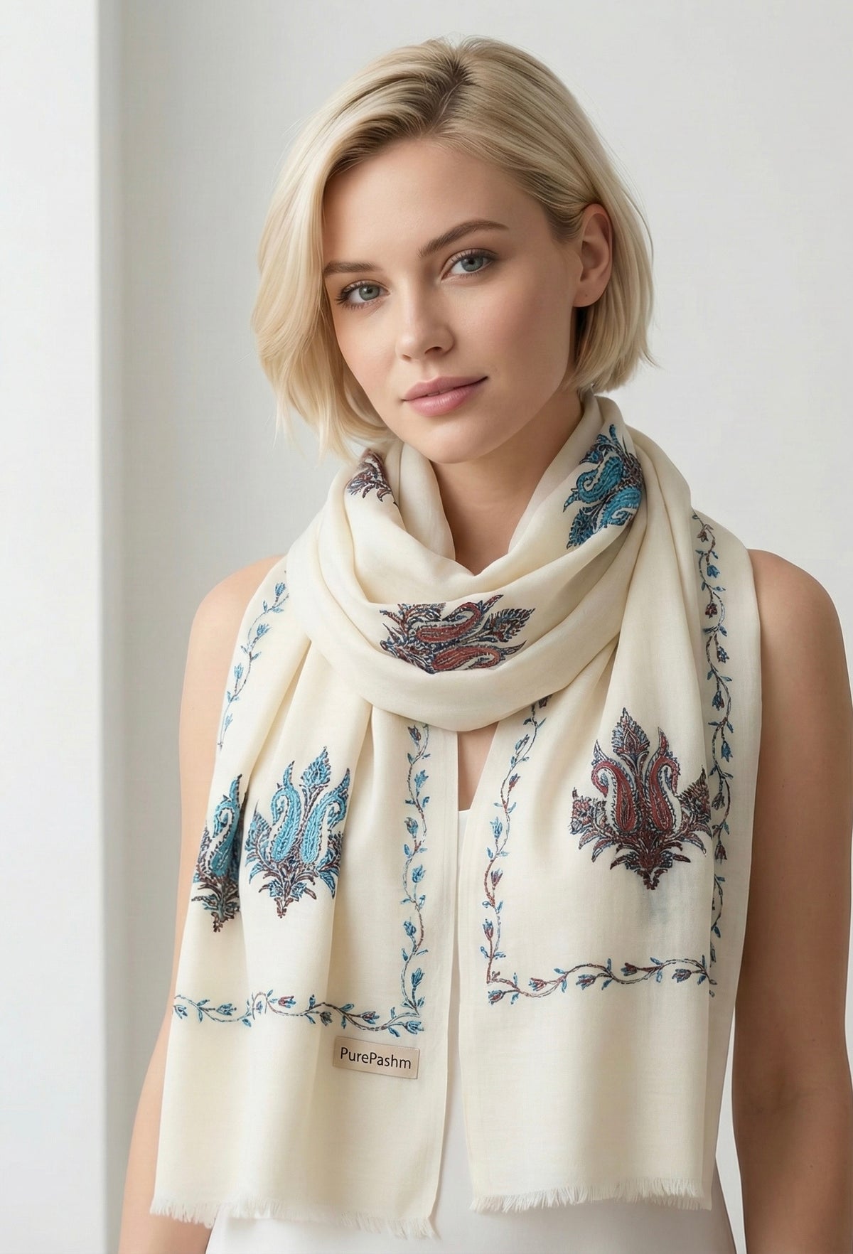 Semi Pashmina Stole & Muffler with Double-Sided Hand Sozni Embroidery
