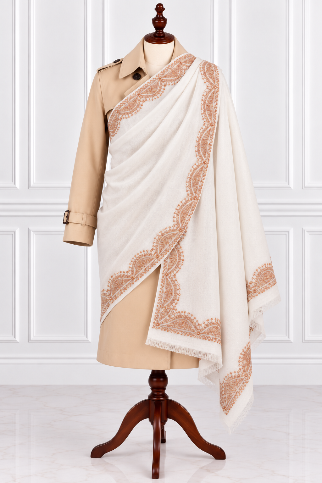 Tosha White Kashmiri Shawl with Copper Tilla Work