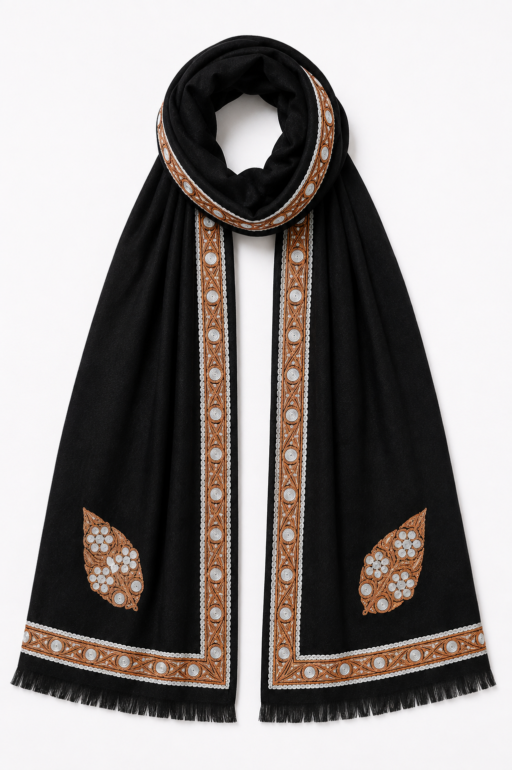 Black Kashmiri Tilla Work Shawl - Copper Gold & Silver Embroidery