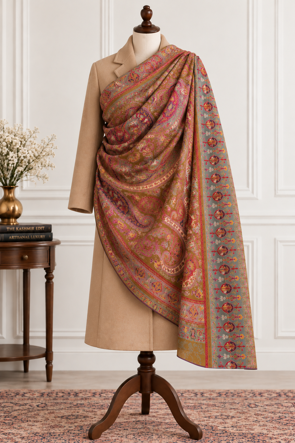 Multicolor Kalamkari Kashmiri Shawl with Full Hand Sozni Embroidery