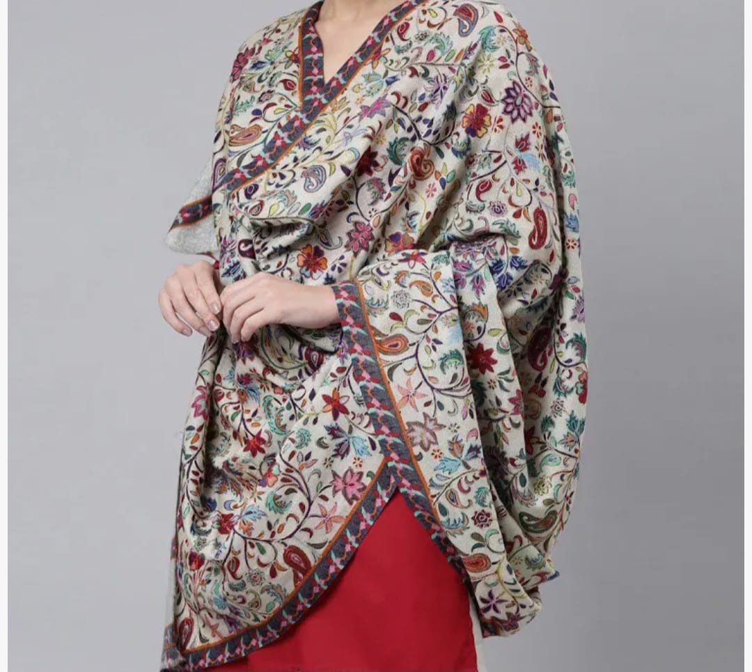 Semi-Pashmina Kalamkari Shawl with Hand Sozni Embroidery