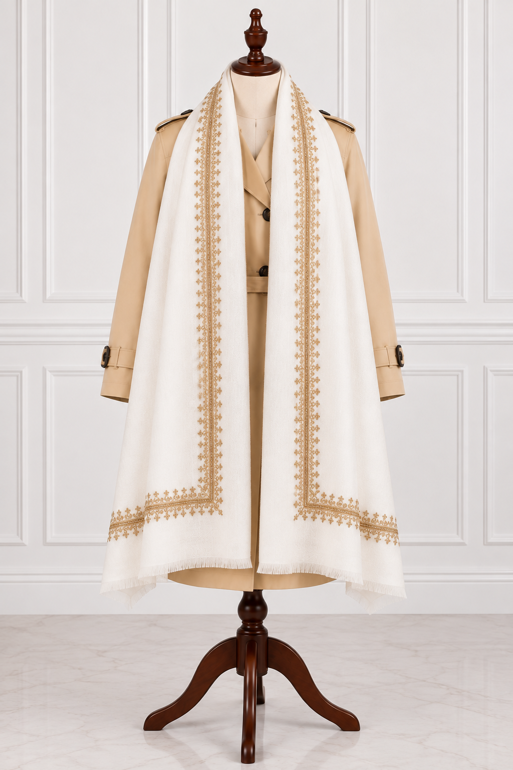 White Tosha Kashmiri Shawl with Golden Tilla Work