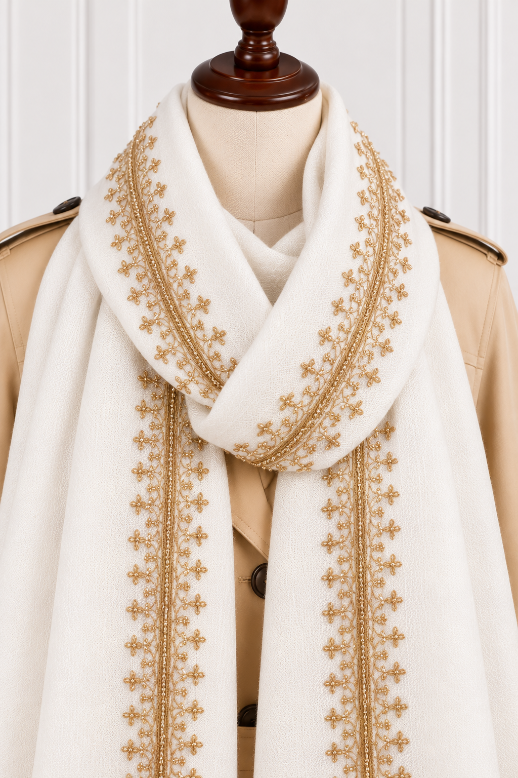 White Tosha Kashmiri Shawl with Golden Tilla Work