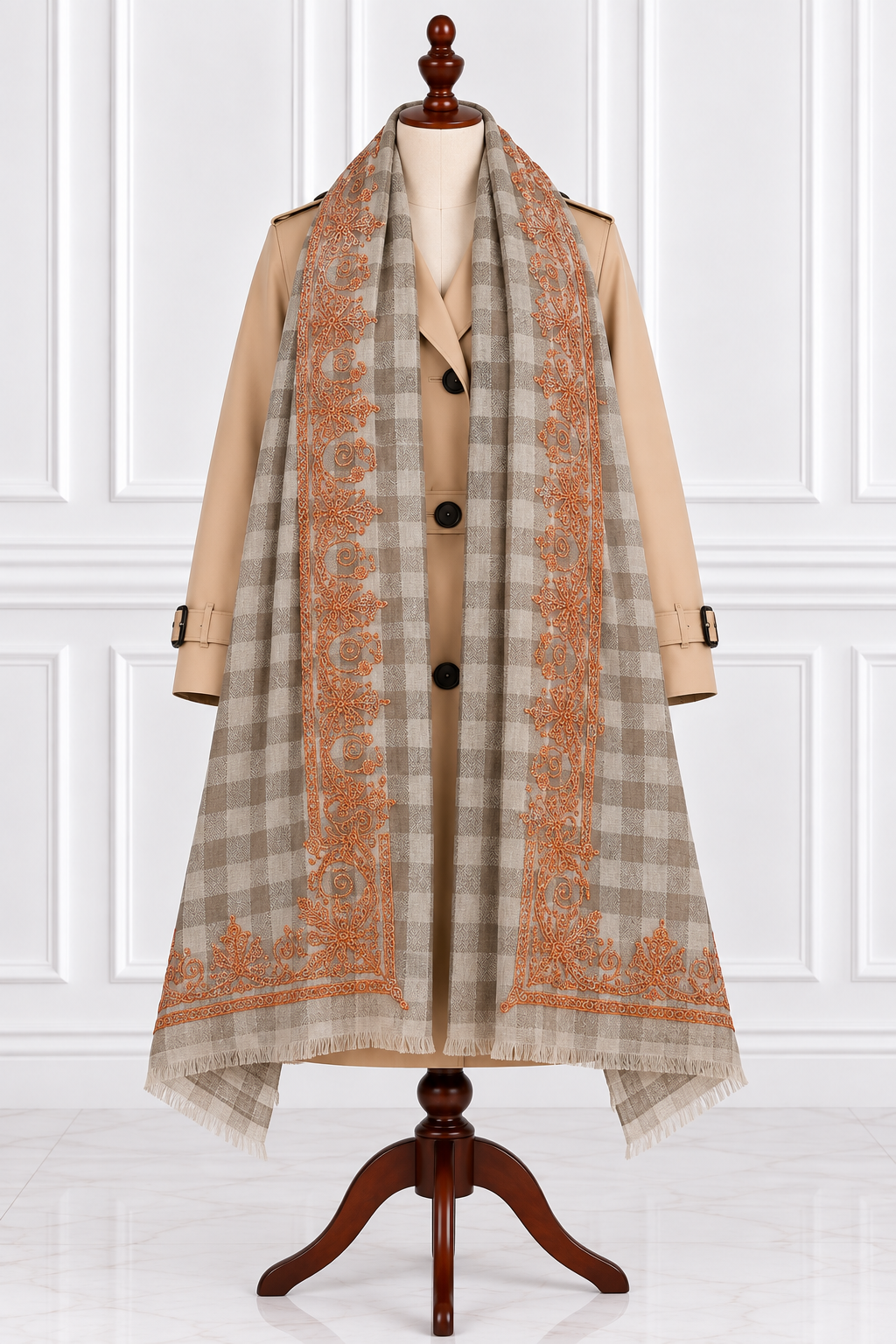 Beige Checkered Kashmiri Shawl with Copper Tilla Work