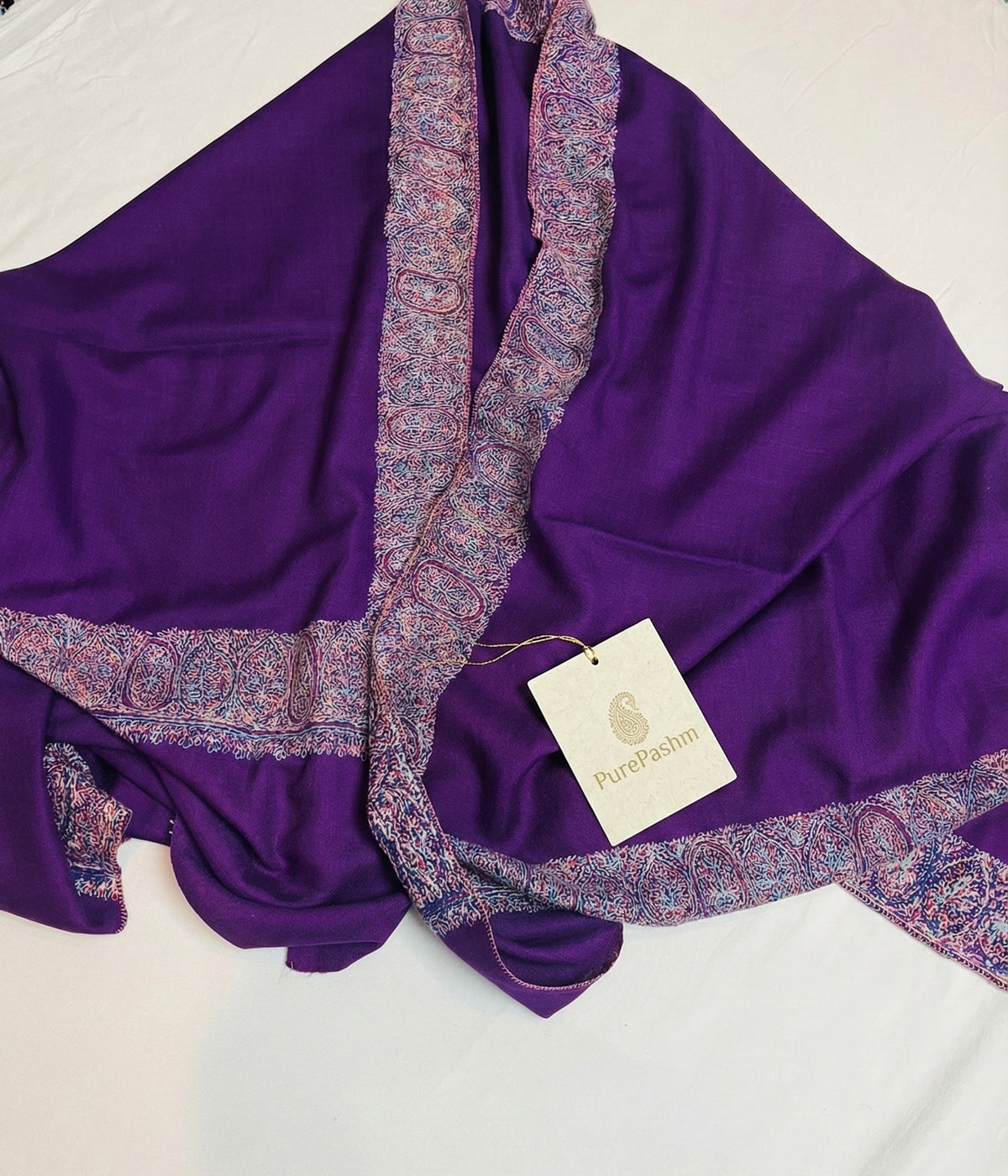 Purple Semi Pashmina Shawl with Hand Sozni Embroidery