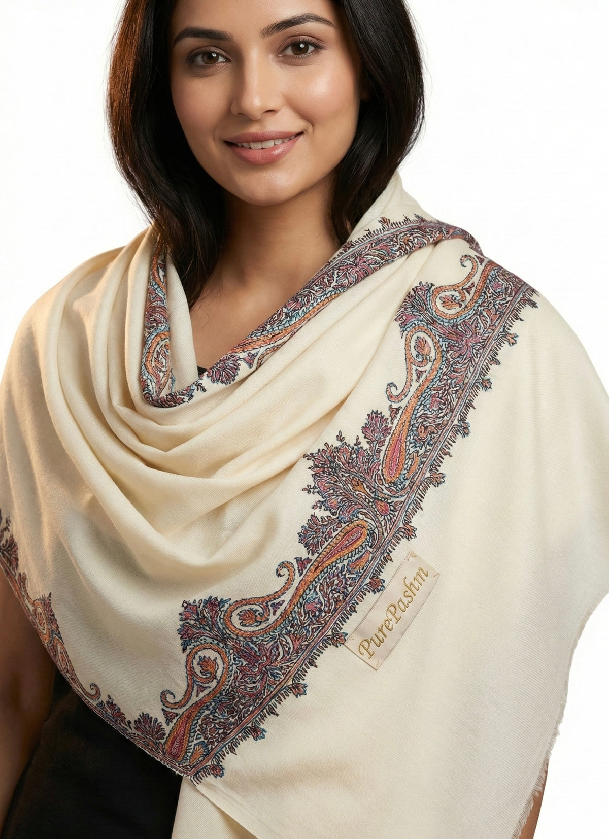Semi Pashmina Stole & Muffler with Double-Sided Hand Sozni Embroidery