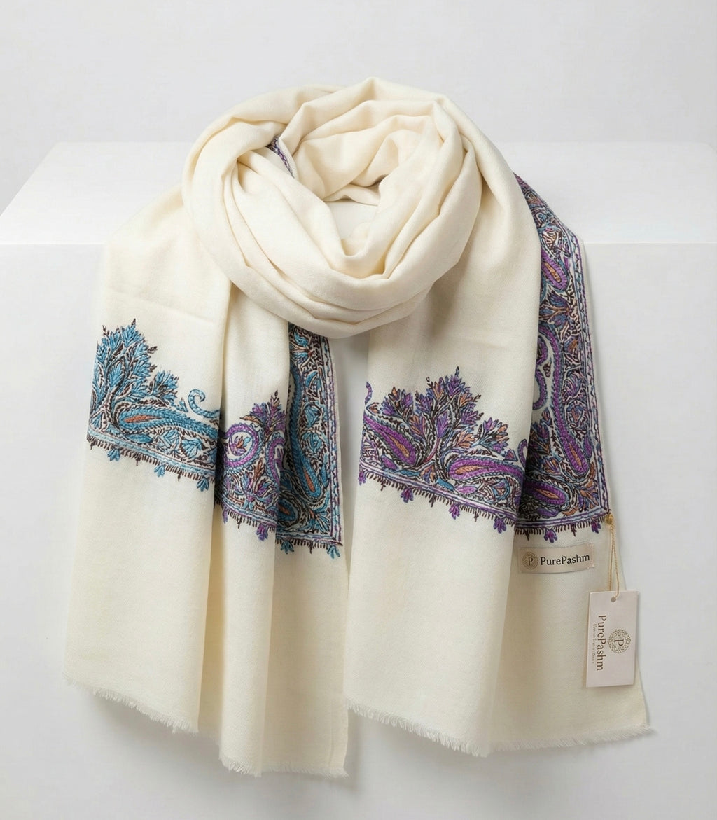 Semi Pashmina Stole & Muffler with Double-Sided Hand Sozni Embroidery