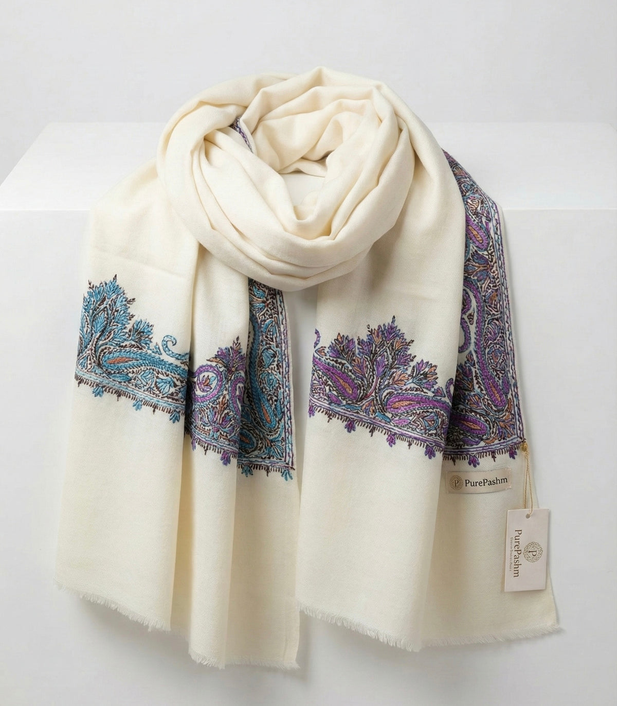 Semi Pashmina Stole & Muffler with Double-Sided Hand Sozni Embroidery