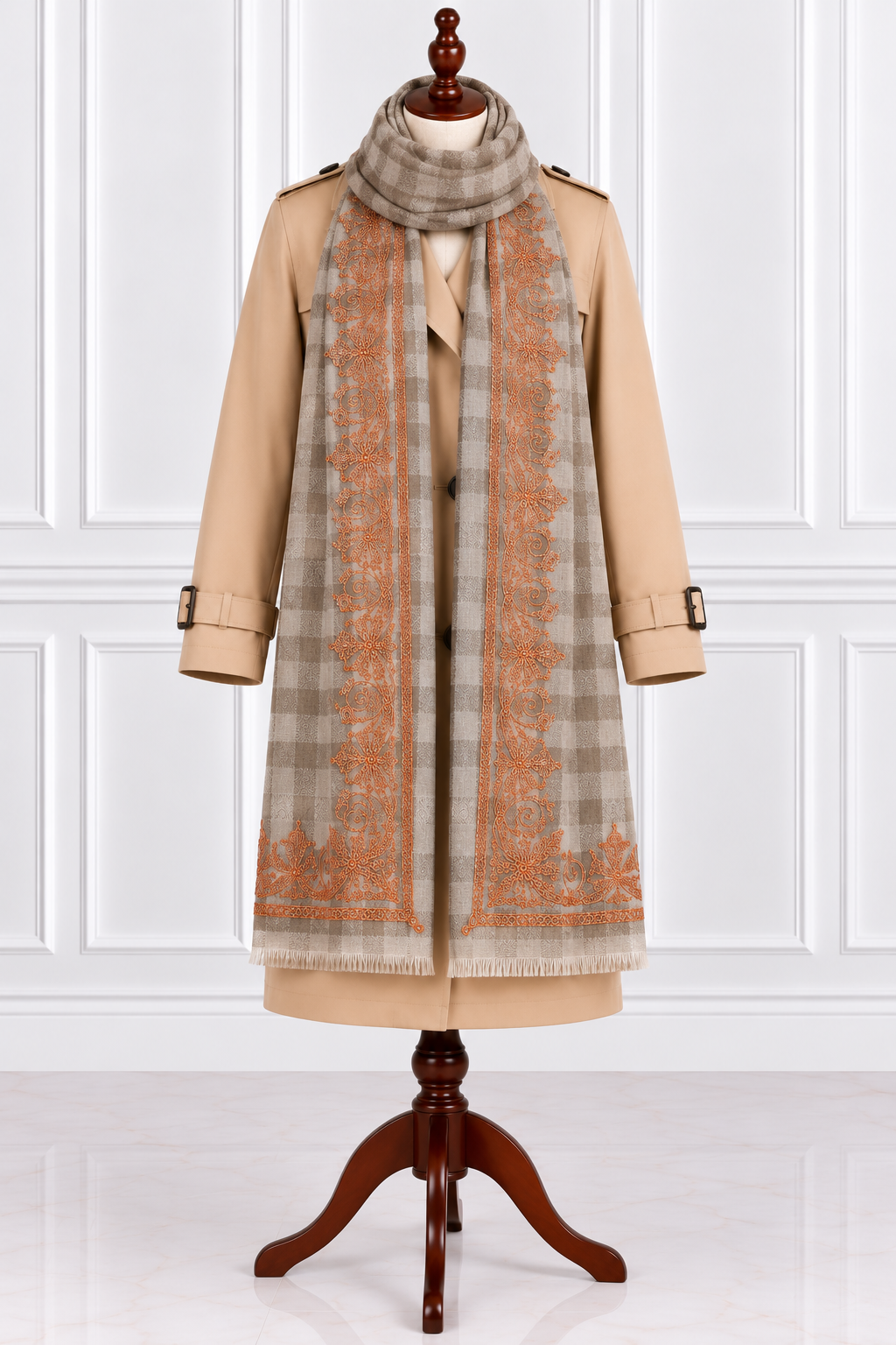 Beige Checkered Kashmiri Shawl with Copper Tilla Work