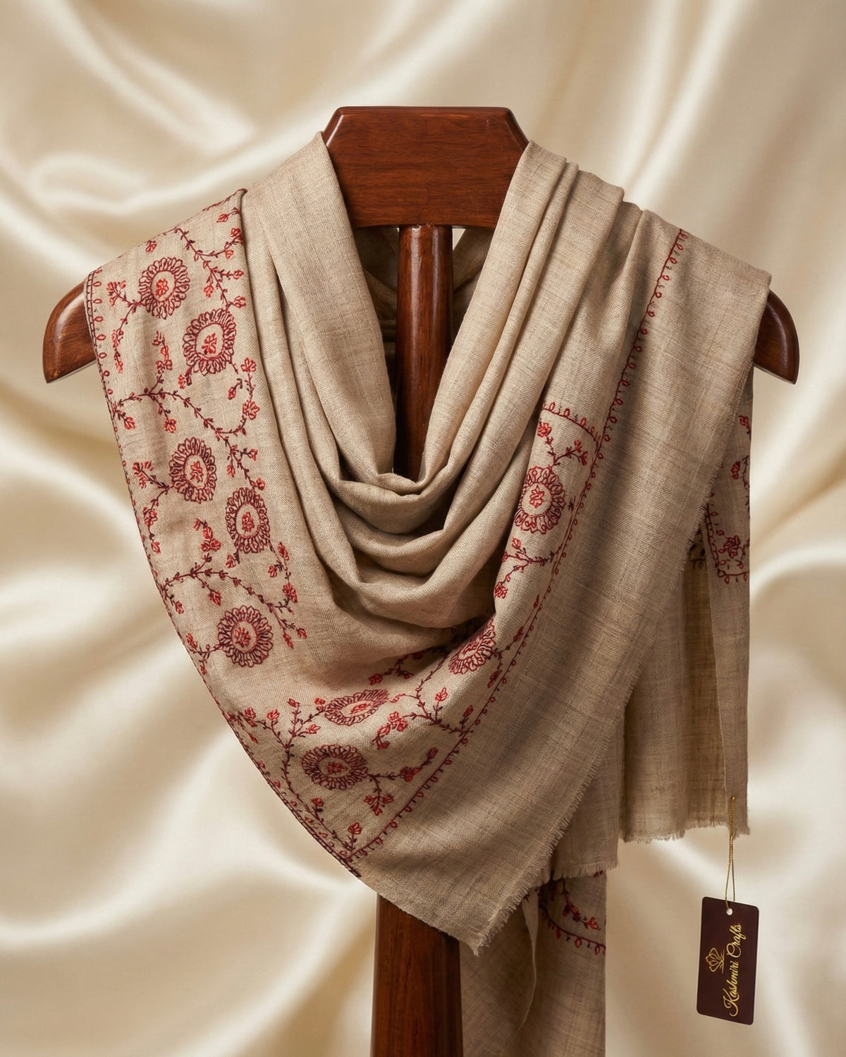 Natural Shade Semi Pashmina Shawl with Hand Sozni Embroidery