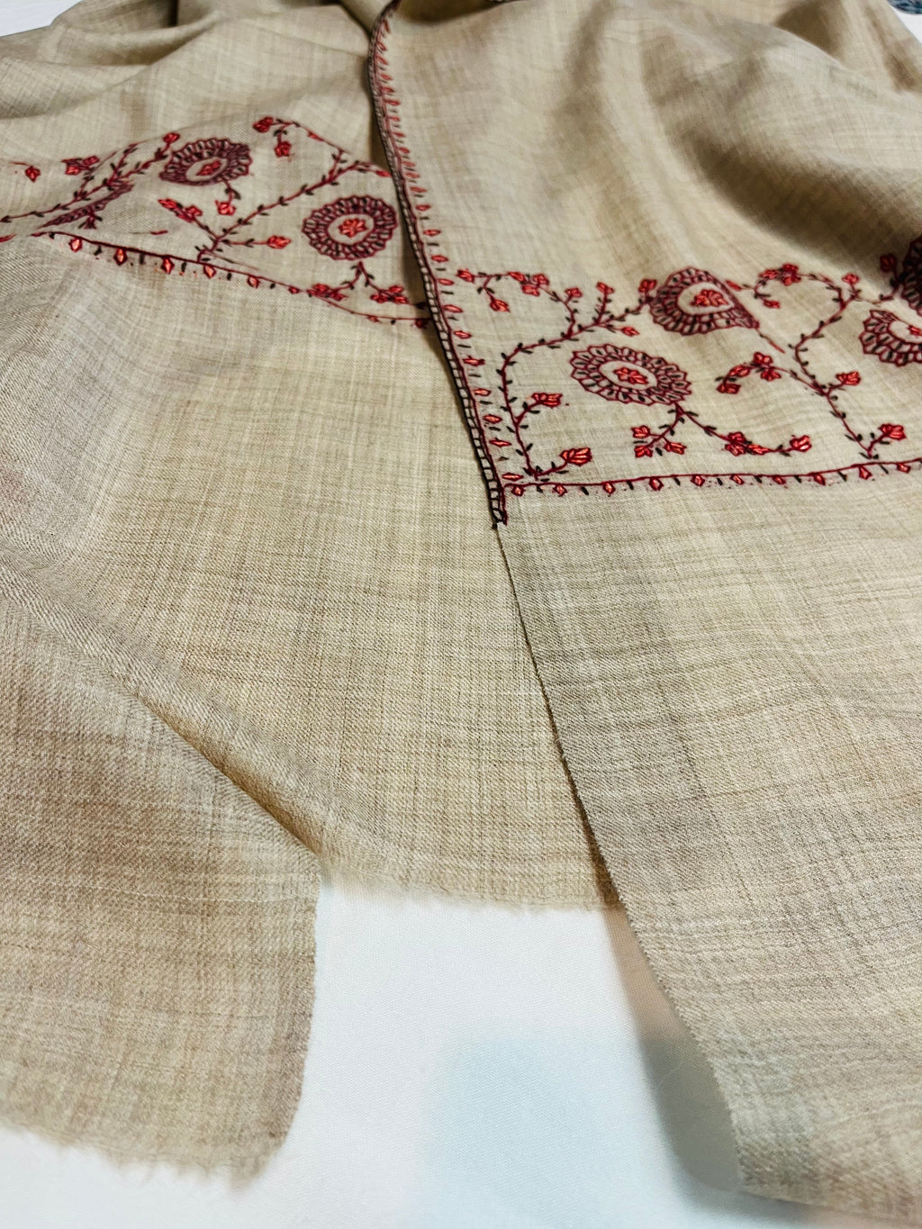 Natural Shade Semi Pashmina Shawl with Hand Sozni Embroidery
