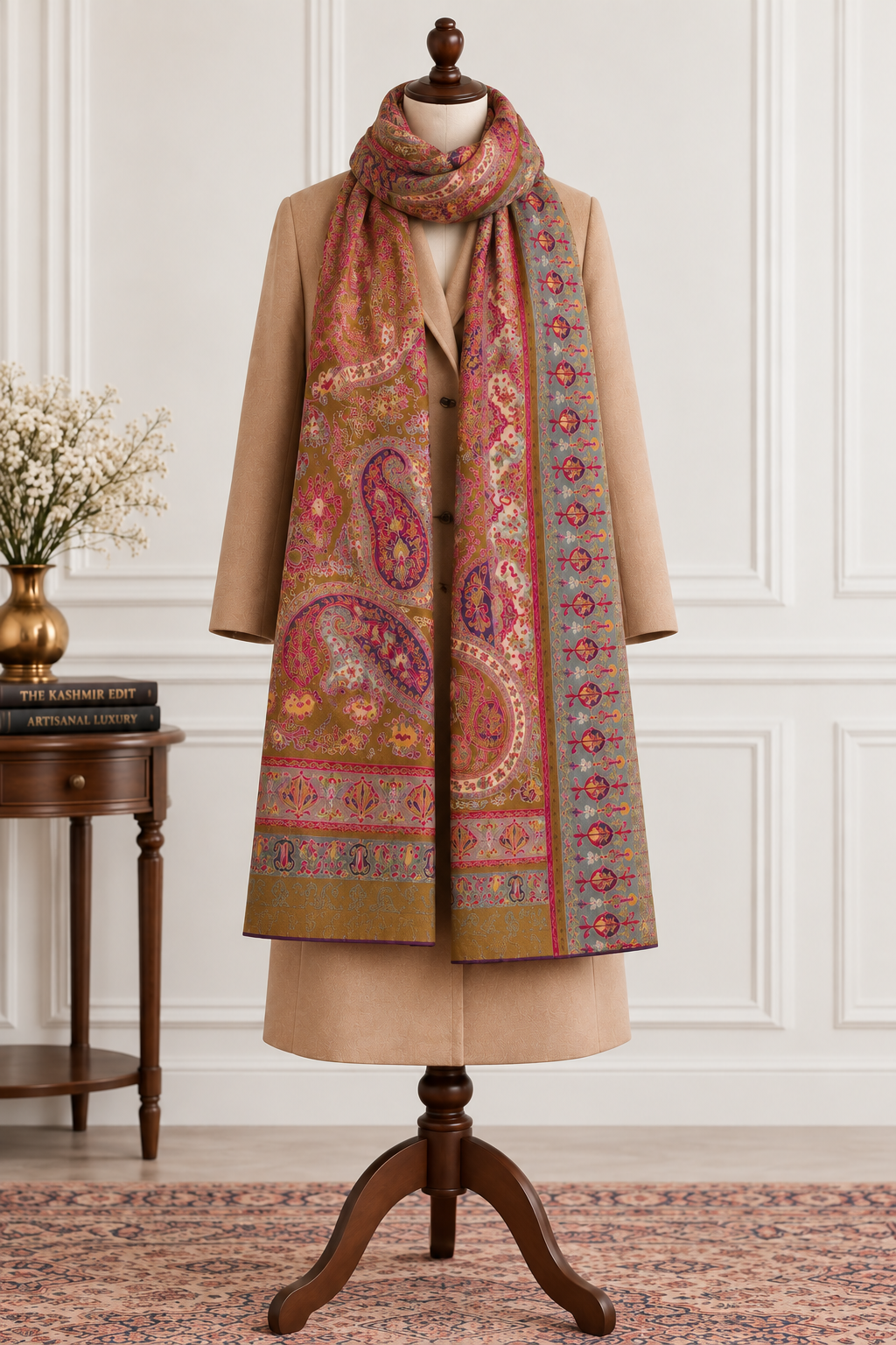 Multicolor Kalamkari Kashmiri Shawl with Full Hand Sozni Embroidery