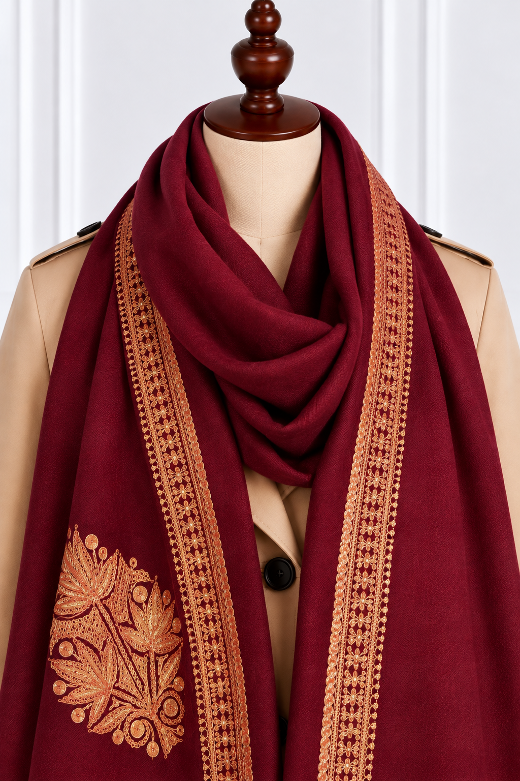 Maroon Kashmiri Shawl with Golden Tilla Work
