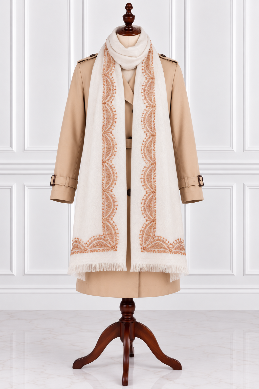 Tosha White Kashmiri Shawl with Copper Tilla Work