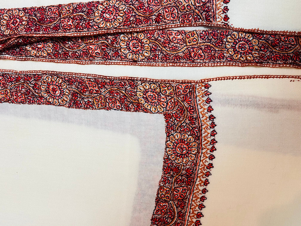 White Semi Pashmina Shawl with Hand Sozni Embroidery