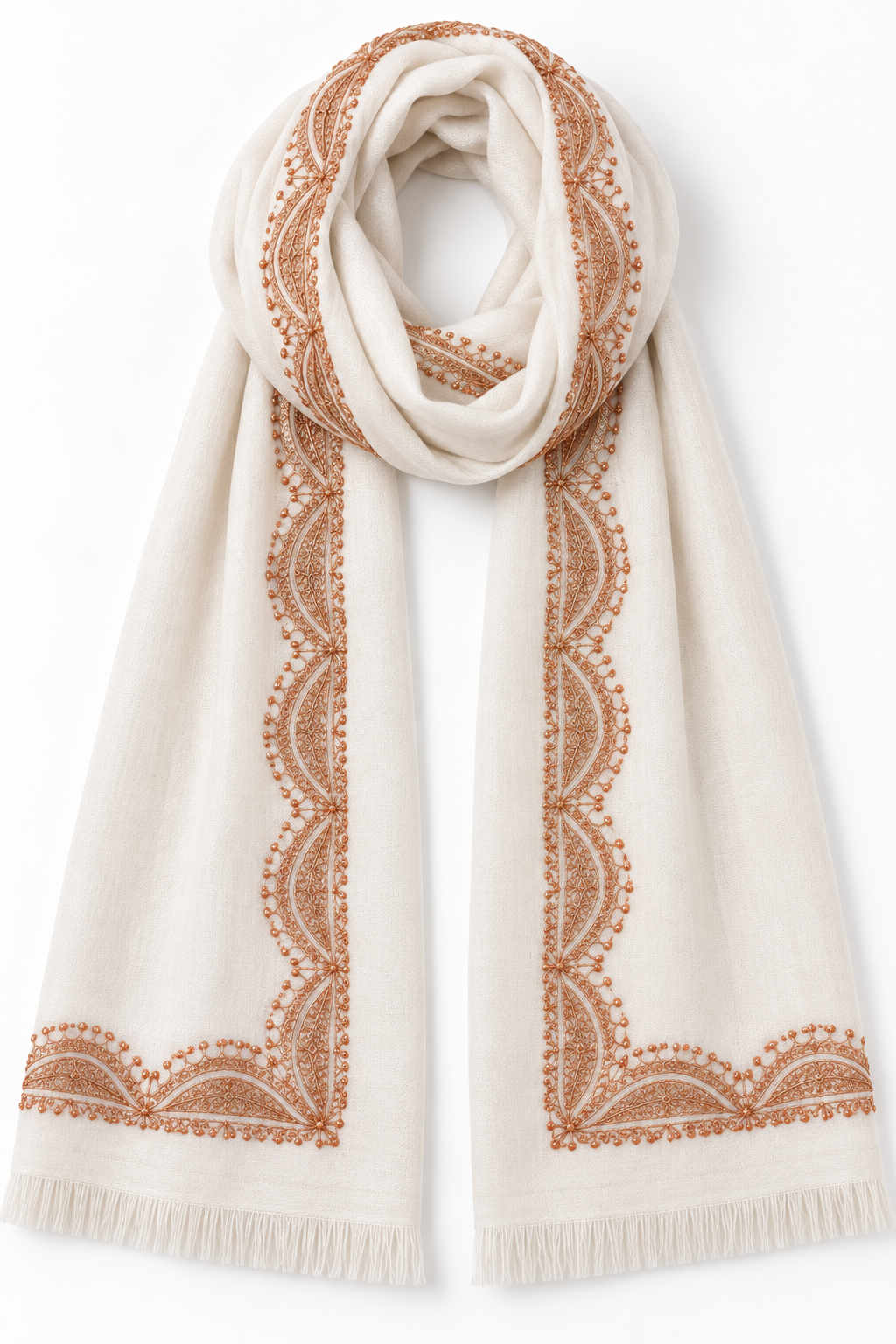 Tosha White Kashmiri Shawl with Copper Tilla Work