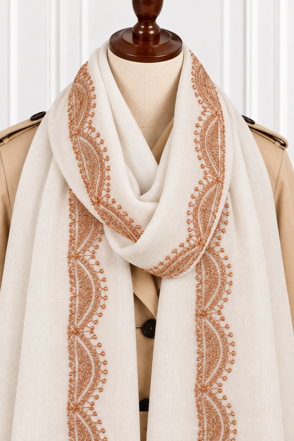 Tosha White Kashmiri Shawl with Copper Tilla Work
