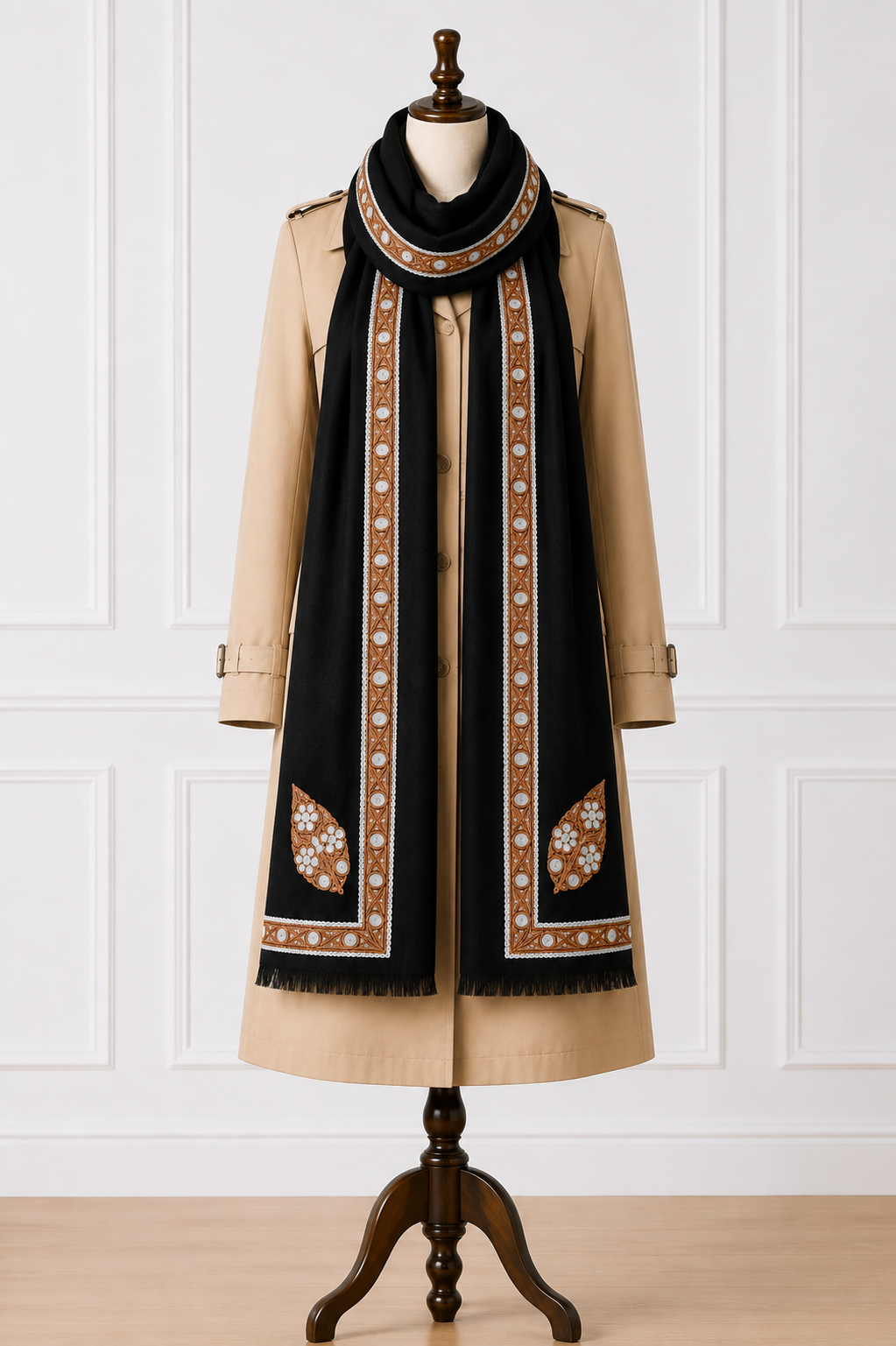 Black Kashmiri Tilla Work Shawl - Copper Gold & Silver Embroidery