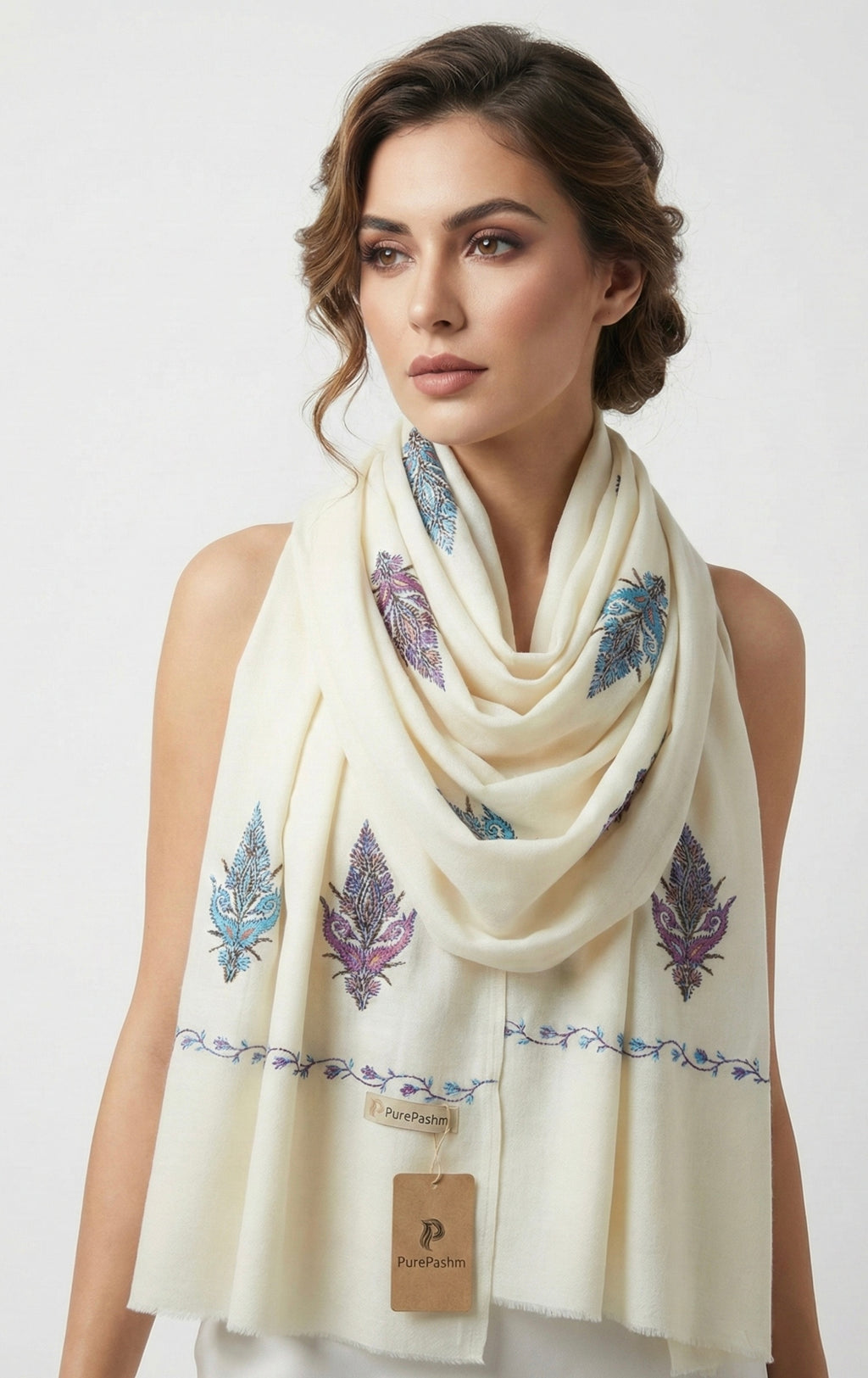 Semi Pashmina Stole & Muffler with Double-Sided Hand Sozni Embroidery