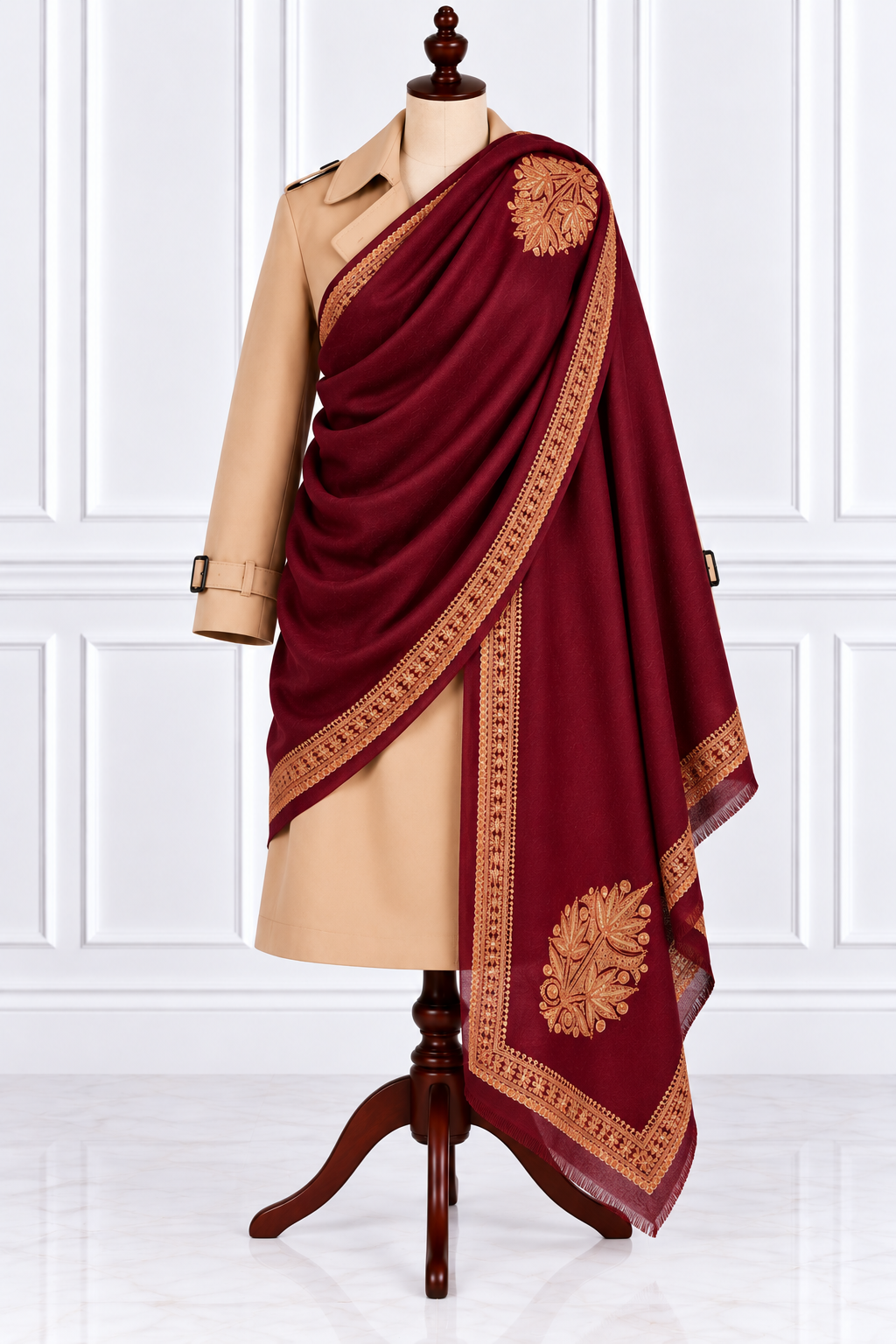 Maroon Kashmiri Shawl with Golden Tilla Work