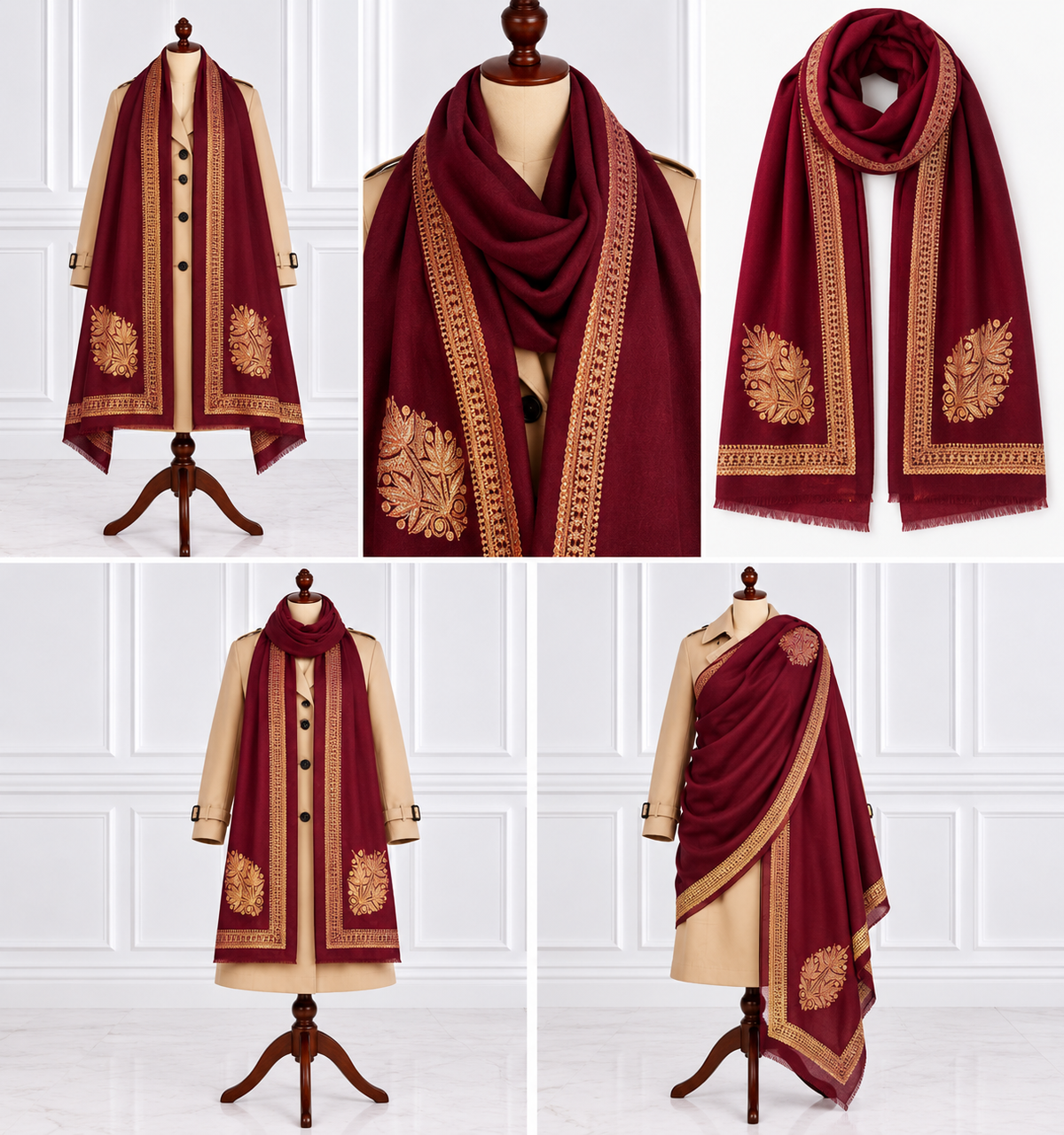 Maroon Kashmiri Shawl with Golden Tilla Work
