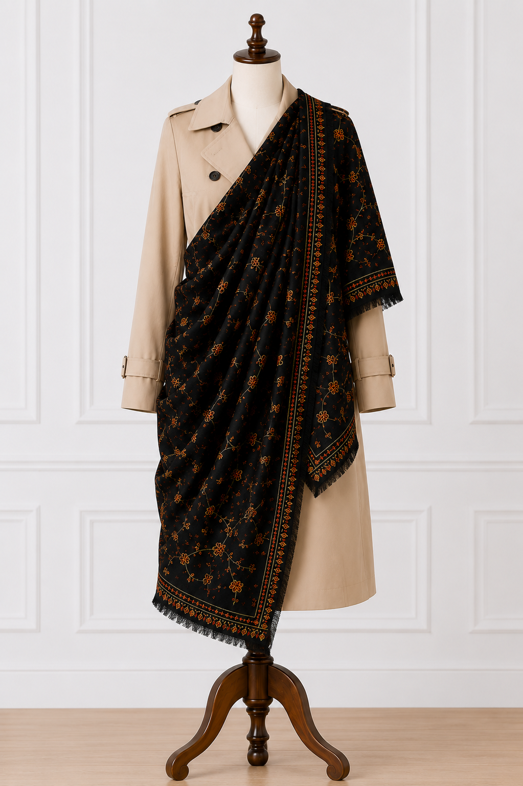Black Kashmiri Jama Shawl | Handcrafted Sozni Embroidery