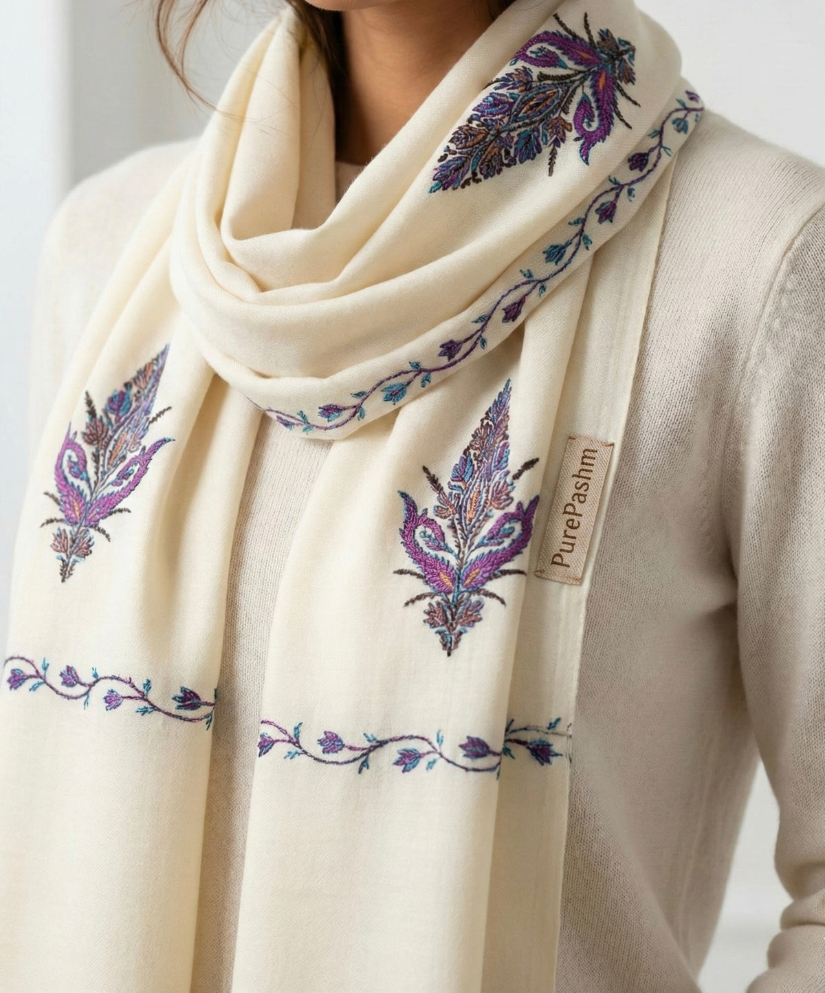 Semi Pashmina Stole & Muffler with Double-Sided Hand Sozni Embroidery