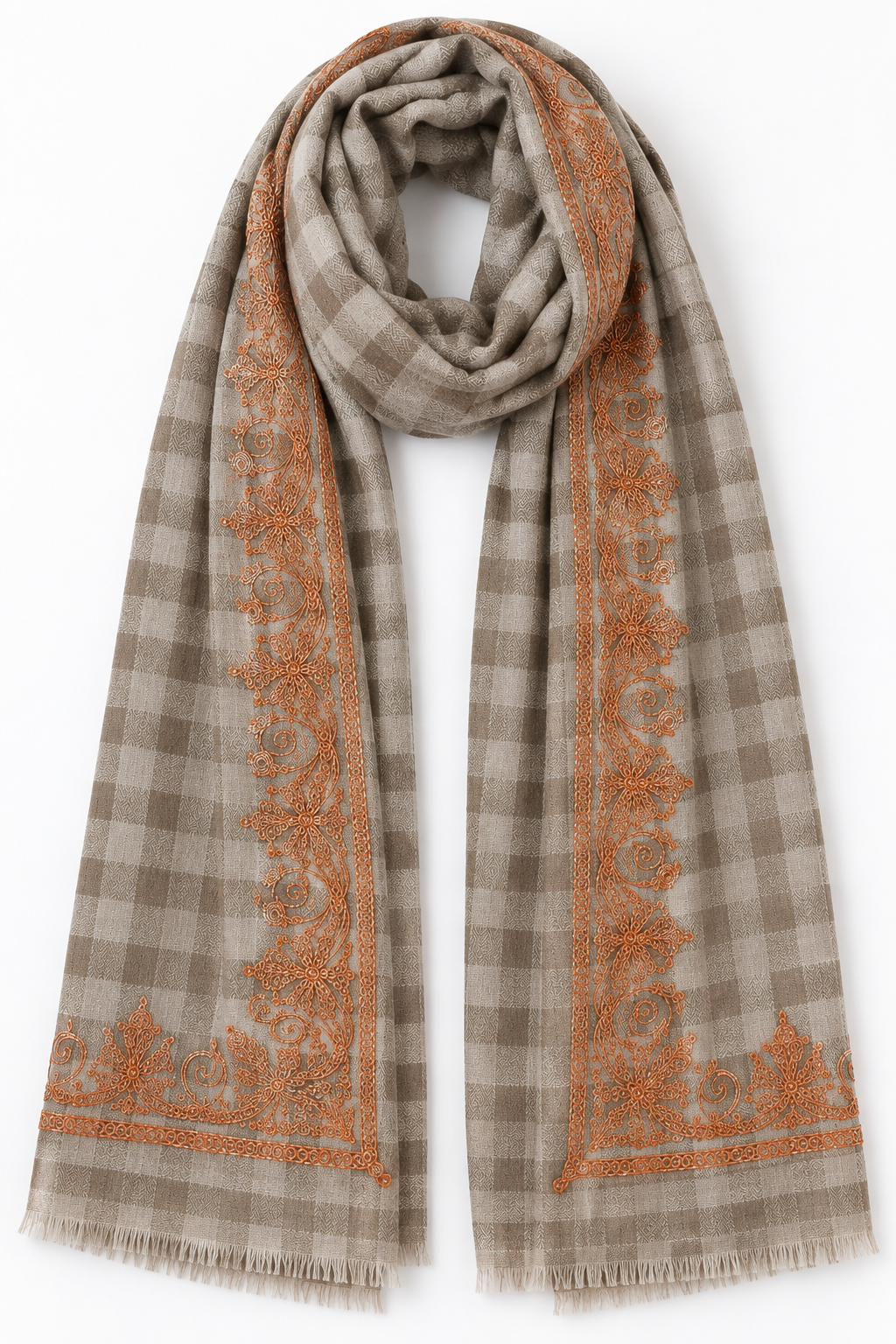 Beige Checkered Kashmiri Shawl with Copper Tilla Work